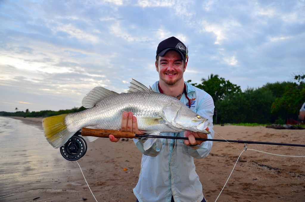 Lee Brake with one of the barra captured from the beach drain above.  This one ate a Gold Bomber fly. - Drains V Snags © Lee Brake